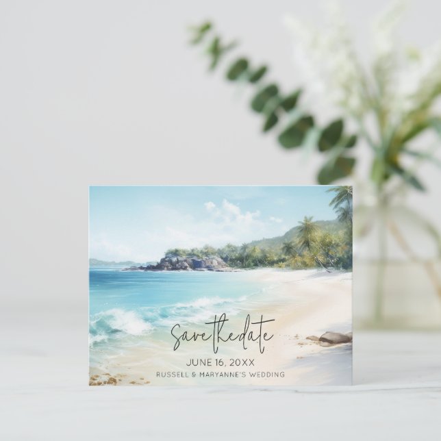 Cartão Postal De Anúncio Orçamento de Casamento na Praia Salve a Data (Em pé/Frente)