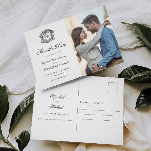 Cartão Postal De Anúncio Ornamentado Monograma Crest Salvar a Data Foto