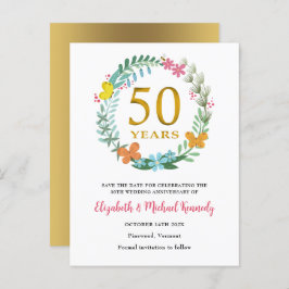 Cartão Postal De Anúncio ouro de 50 anos Floral Salvar a Data