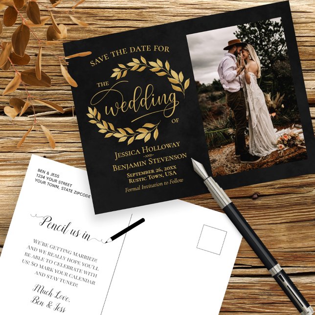 Cartão Postal De Anúncio Ouro deixa no casamento de fotos pretas salvar a d (Criador carregado)