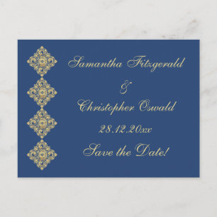 Cartão Postal De Anúncio Ouro Diamond Damask Blue Save Date (Salvar data)