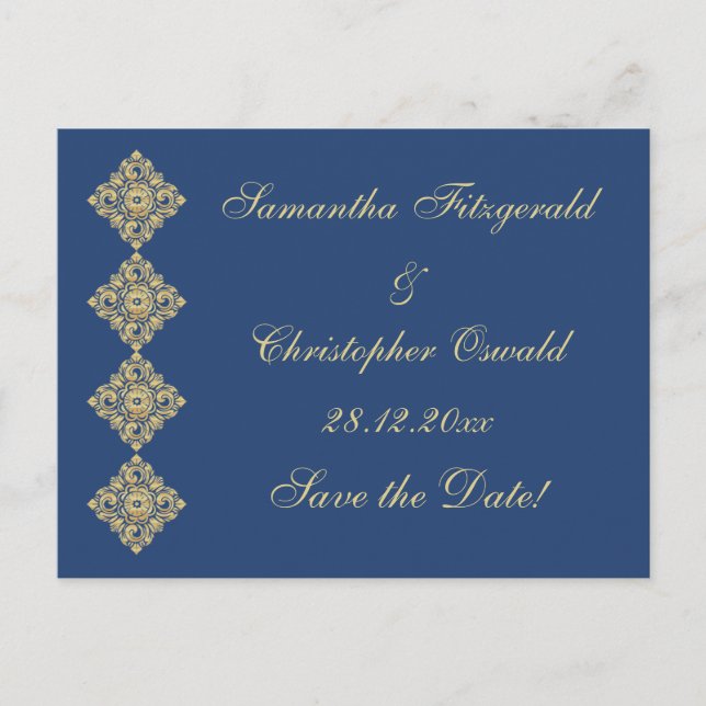 Cartão Postal De Anúncio Ouro Diamond Damask Blue Save Date (Salvar data) (Frente)