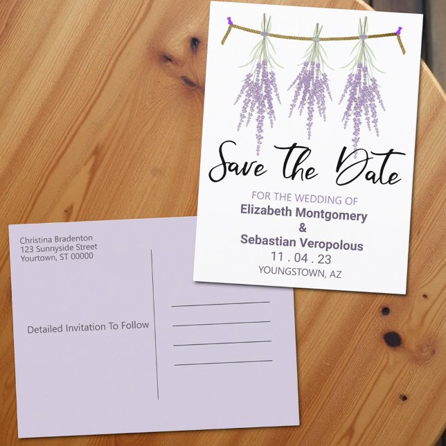 Cartão Postal De Anúncio Pacotes de Lavanda Seca para Casamento Salvar a Da (Postcard template save the date front and back.)