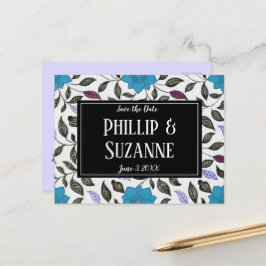 Cartão Postal De Anúncio Padrão Floral Azul Vintage Salve a Data