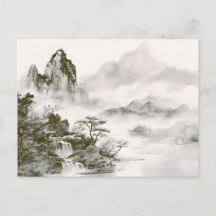 Cartão Postal De Anúncio Paisagem Minimalista de Montanha Zen com Tinta Neb
