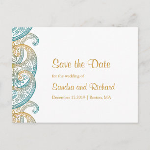 Cartão Postal De Anúncio Paisley indiano Teal e Dourado salve a data
