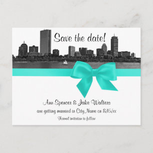 Cartão Postal De Anúncio Panorama de Boston Gravado BW Aqua Save the Date