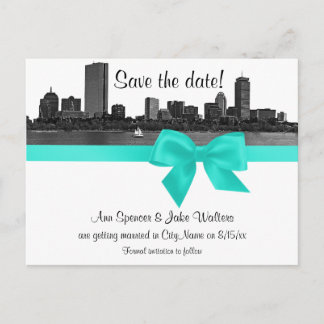 Cartão Postal De Anúncio Panorama de Boston Gravado BW Aqua Save the Date