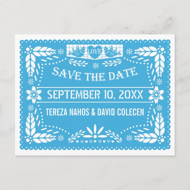 Cartão Postal De Anúncio Papel picado ama pássaros casamento azul Salve a d (Frente)