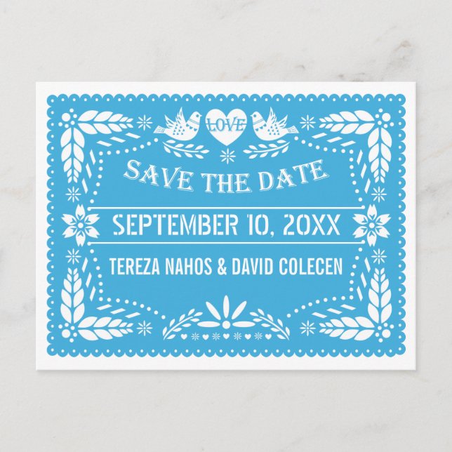 Cartão Postal De Anúncio Papel picado ama pássaros casamento azul Salve a d (Frente)