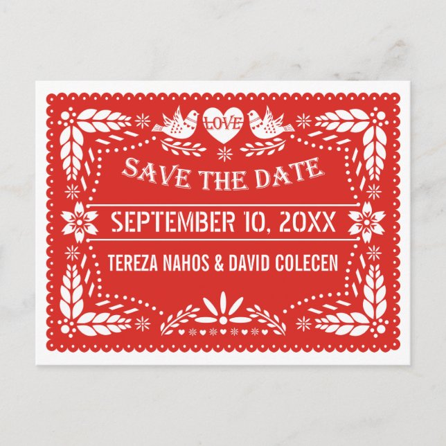 Cartão Postal De Anúncio Papel picado amor pássaros vermelho casamento Save (Frente)