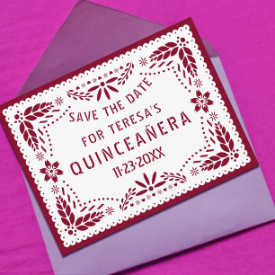 Cartão Postal De Anúncio Papel picado burgundy QUINCEAÑERA Salvar a data