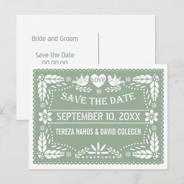 Cartão Postal De Anúncio Papel picado casamento verde sage Save the Date (Frente/Verso)