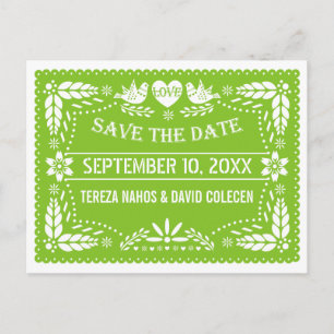 Cartão Postal De Anúncio Papel picado pombinho casamento verde Salve a data