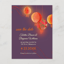 Cartão Postal De Anúncio Papel Vermelho Lanternas Roxo Casamento Salve a Da