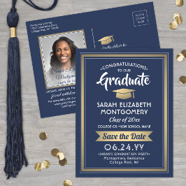 Cartão Postal De Anúncio Parabéns Graduado Marinha e Dourado Salve a Data F