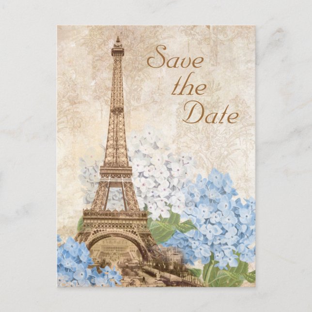Cartão Postal De Anúncio Paris Blue Hydrangea Vintage Salvar Cartão de Data (Frente)