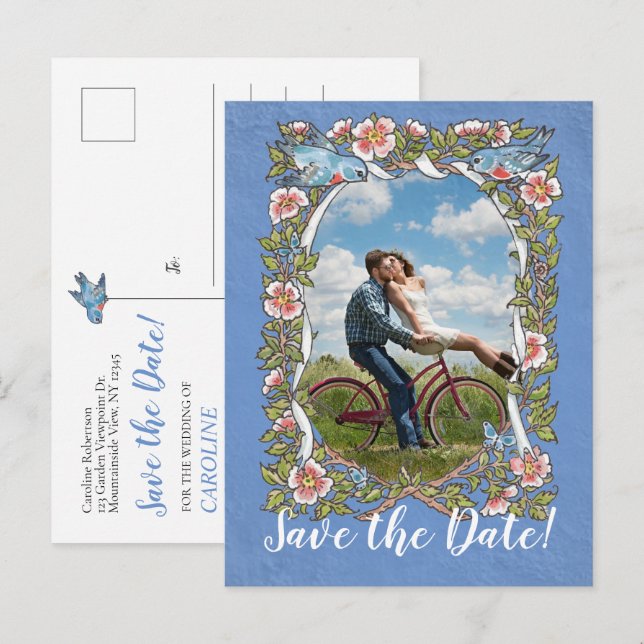 Cartão Postal De Anúncio Pássaro Azul Claro Foto Floral Casamento Salvar Da (Frente/Verso)