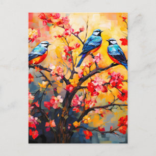 Cartão Postal De Anúncio Pássaros Coloridos da Primavera em Flor