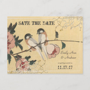 Cartão Postal De Anúncio Pássaros de Amor com Flor de Cerejeira Rosa Salve