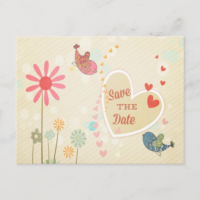 Cartão Postal De Anúncio Pássaros de Amor Fofos Salve a Data (Frente)
