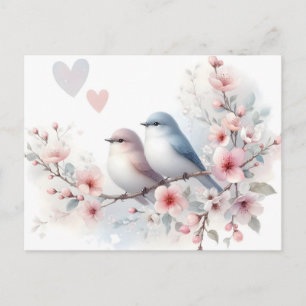 Cartão Postal De Anúncio Pássaros de Amor Romântico Ramo de Flor de Cerejei