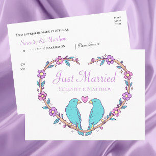 Cartão Postal De Anúncio Pássaros do Amor Coração Floral Casados Recém-Casa