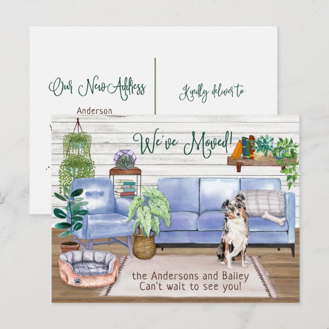 Cartão Postal De Anúncio Pastor australiano Cozy New Home Moving         (Frente/Verso)