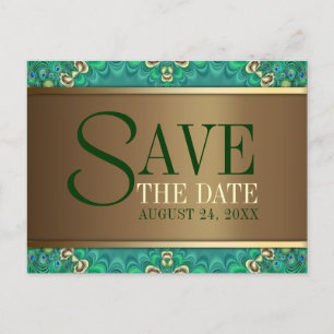 Cartão Postal De Anúncio Pavão Dourado Teal Salve o Cartão-Postal de Data