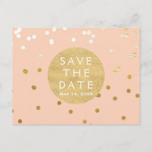 Cartão Postal De Anúncio Peach & Dourado Confetes Brilhantes Save The Date