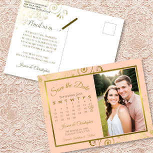 Cartão Postal De Anúncio Peach & Dourado Wedding Salvar a Foto do Calendári