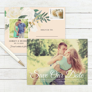 Cartão Postal De Anúncio Peach Floral Greenery Foto de Casamento Salve a Da