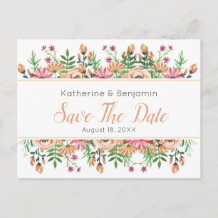 Cartão Postal De Anúncio Peach Floral Wedding A Data