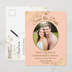 Cartão Postal De Anúncio Peach & Gold Posh Casamento Salvar a Data Foto Ova