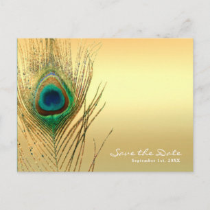 Cartão Postal De Anúncio Peacock Feather Dourada Exotic Boho Salvar Data