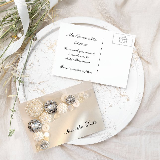 Cartão Postal De Anúncio Pearl Diamond Buttons Quinceañera Salve a Data (Criador carregado)