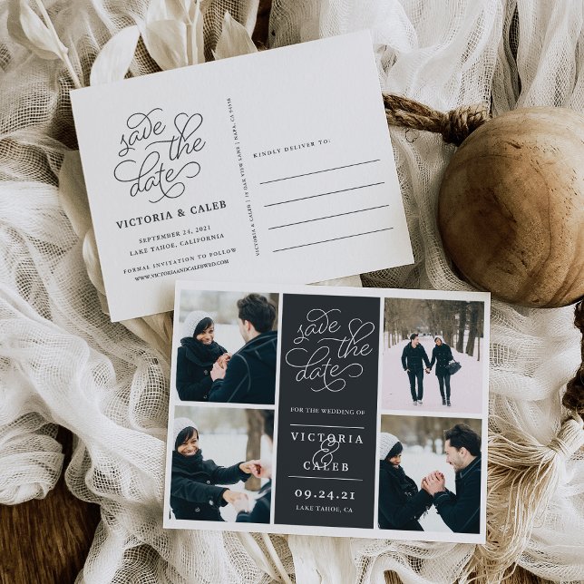 Cartão Postal De Anúncio Pedido Romântico | Colagem de Fotos Salvar a Data (Criador carregado)