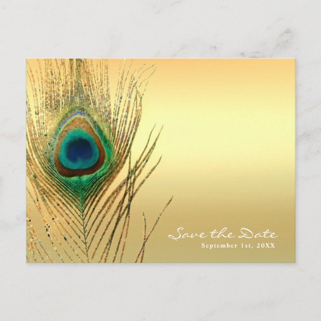 Cartão Postal De Anúncio Pena de Pavão Dourada Exótica Boho Salve a Data (Frente)