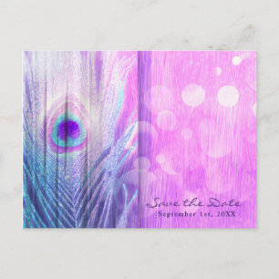 Cartão Postal De Anúncio Pena de Pavão Rosa e Azul Boho Salve a Data