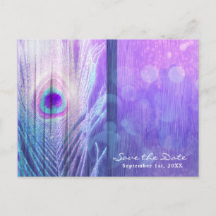 Cartão Postal De Anúncio Pena de Pavão Roxo Glam Boho Save the Date