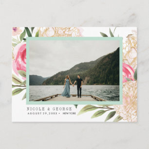 Cartão Postal De Anúncio Pêonias flores douradas Foto WEDDING SALVAR A DATA