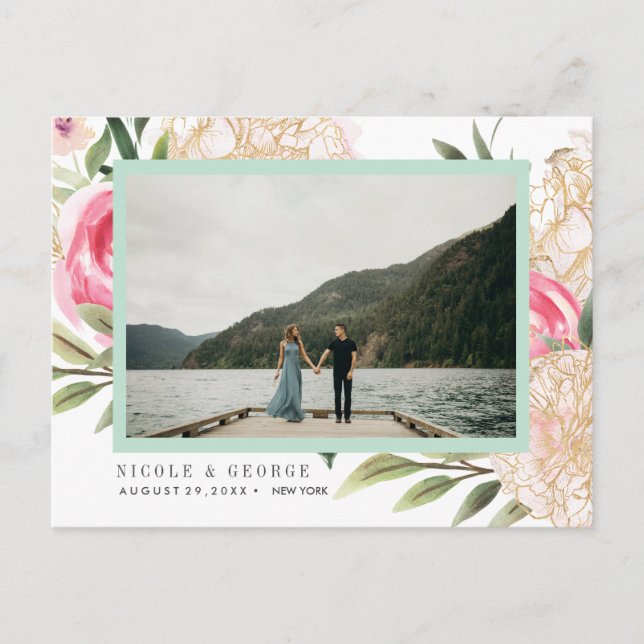 Cartão Postal De Anúncio Pêonias flores douradas Foto WEDDING SALVAR A DATA (Frente)