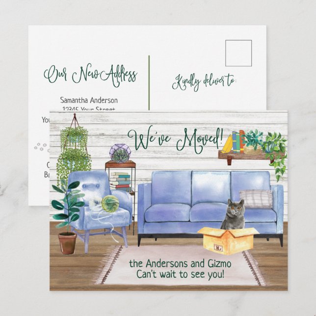 Cartão Postal De Anúncio Pequena Cat Cozy New Home Address  (Frente/Verso)