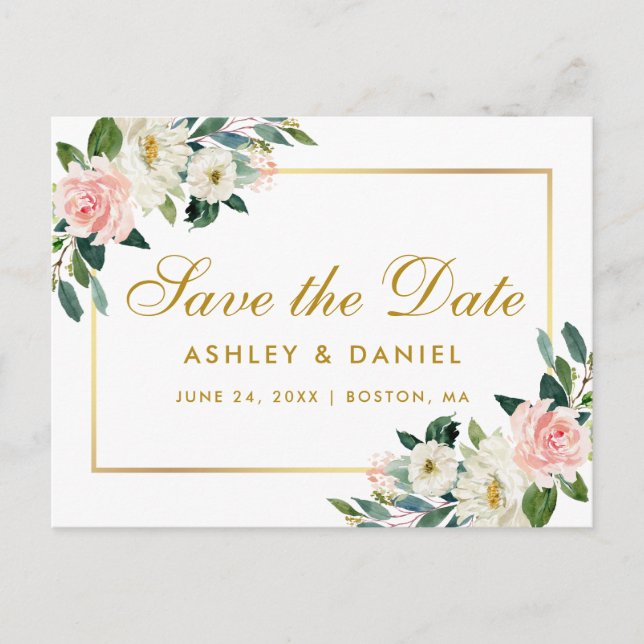 Cartão Postal De Anúncio Pêssego Floral Dourado Salve a Data em Aquarela (Frente)