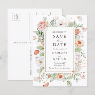 Cartão Postal De Anúncio Pessel Floral Watercolor Elegante Salvar a Data