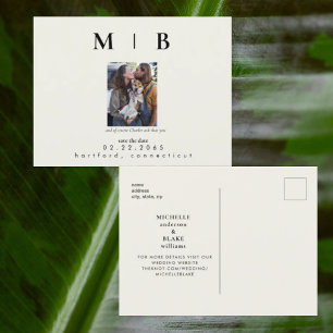 Cartão Postal De Anúncio Pet Photo Monograma Cream Salvar a Data Casamento