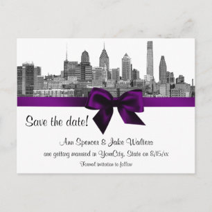Cartão Postal De Anúncio Philadelphia Skyline Etch BW Purple Salvar Data
