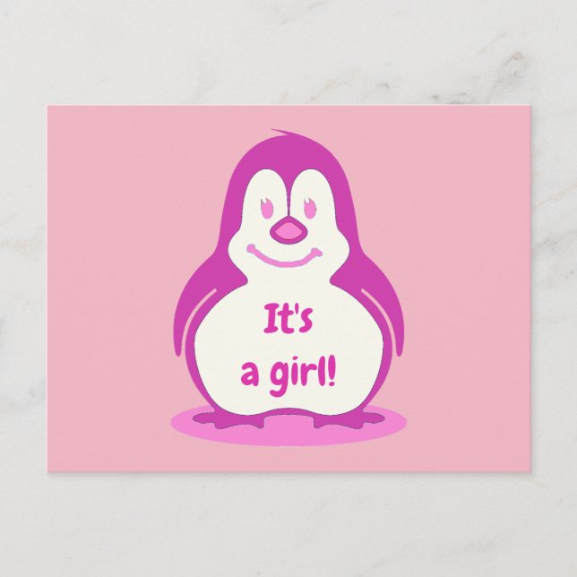 Cartão Postal De Anúncio Pinguim Sorridente Rosa Divertido É uma Menina Rev (Frente)