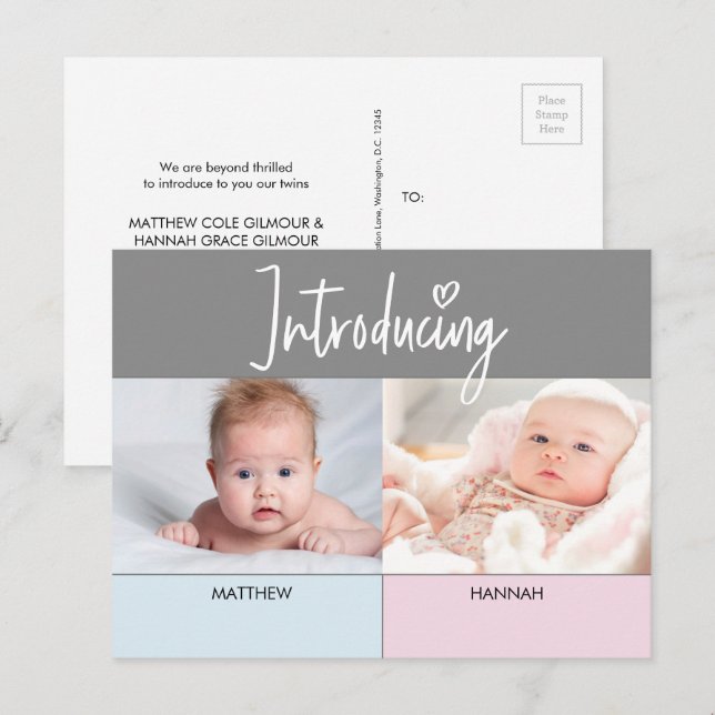 Cartão Postal De Anúncio Pink Blue apresenta gêmeos gêmeos e moça (Frente/Verso)