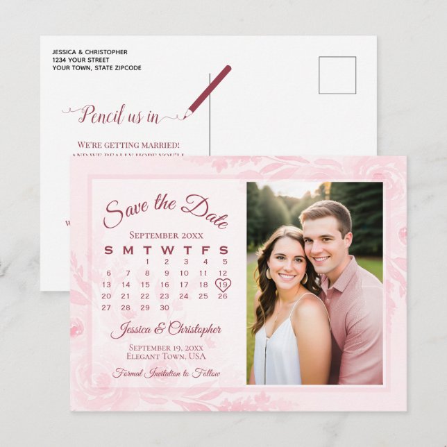 Cartão Postal De Anúncio Pink Peonies Wedding Save the Date Calendar Photo (Frente/Verso)